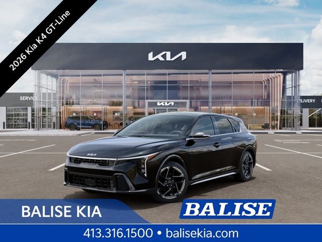 2026 Kia K4 GT-Line in Aurora Black Pearl — front three-quarter view