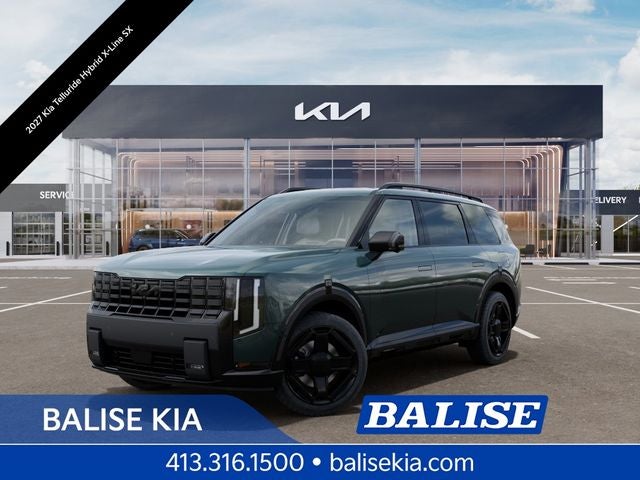 2027 Kia Telluride Hybrid X-Line SX in Black Jade Green — front three-quarter view