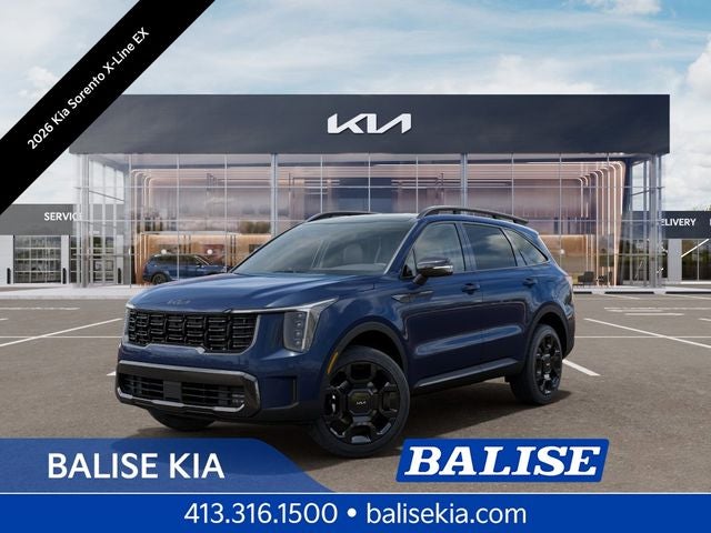 2026 Kia Sorento X-Line EX in Midnight Lake Blue — front three-quarter view