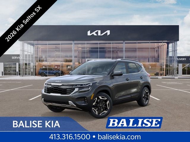 2026 Kia Seltos SX in Gravity Gray — front three-quarter view
