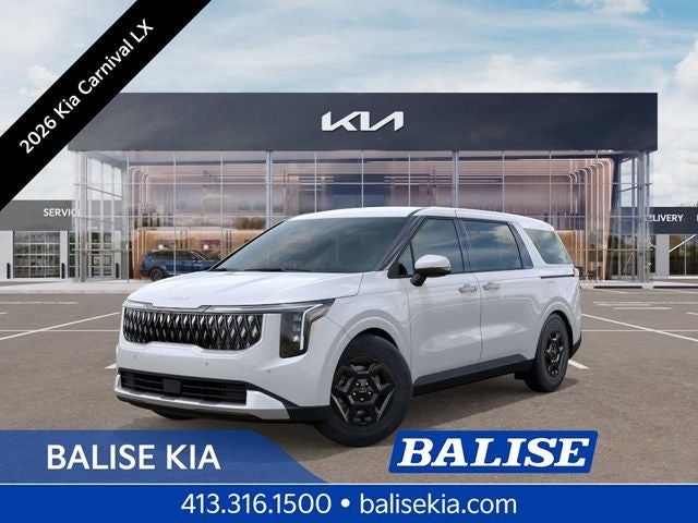 2026 Kia Carnival LX in Snow White Pearl — front three-quarter view